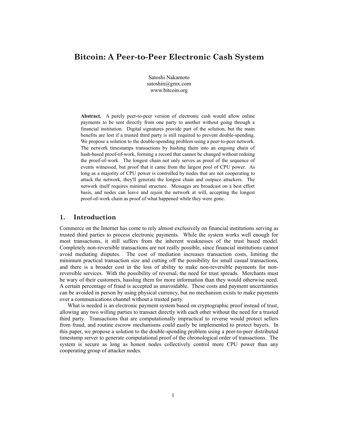 First page of Satoshi Nakamoto’s original Bitcoin whitepaper. Open the original PDF.
