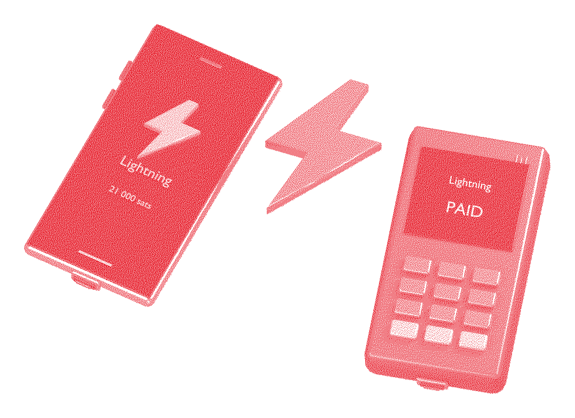 Ein Handy mit einer Lightning-Zahlung neben einem Kassenterminal, das „PAID“ anzeigt