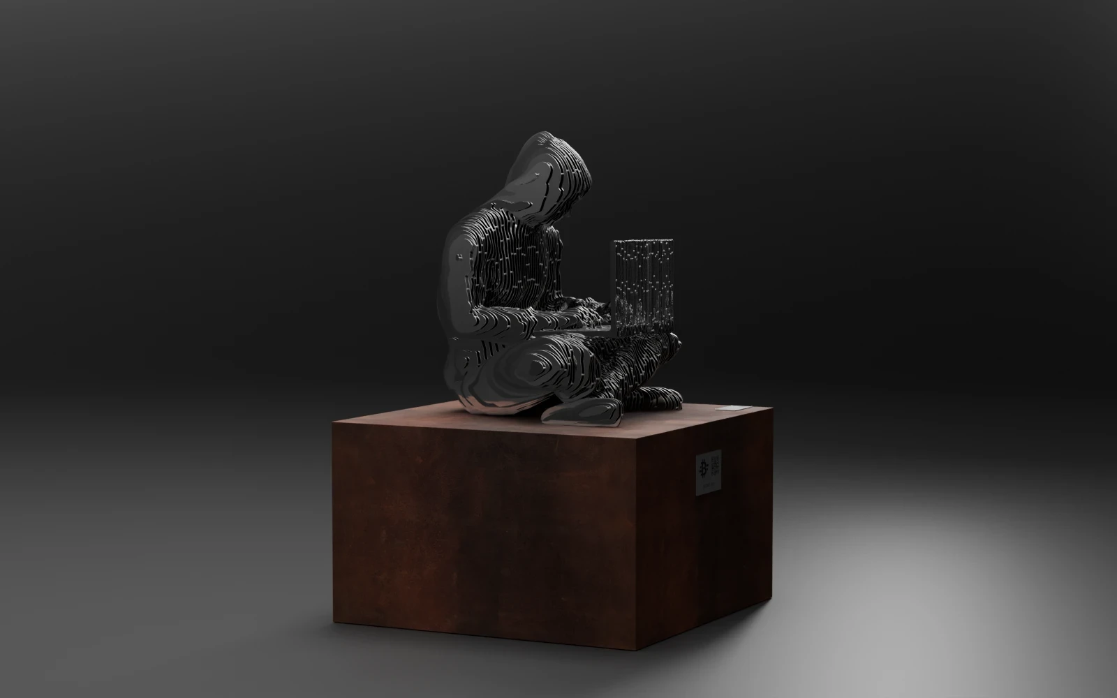 Rendered studio view of the stainless-steel sculpture on its Corten plinth. It turns from the side, where the seated figure with a laptop is visible, to the front, where it dissolves into thin layers.