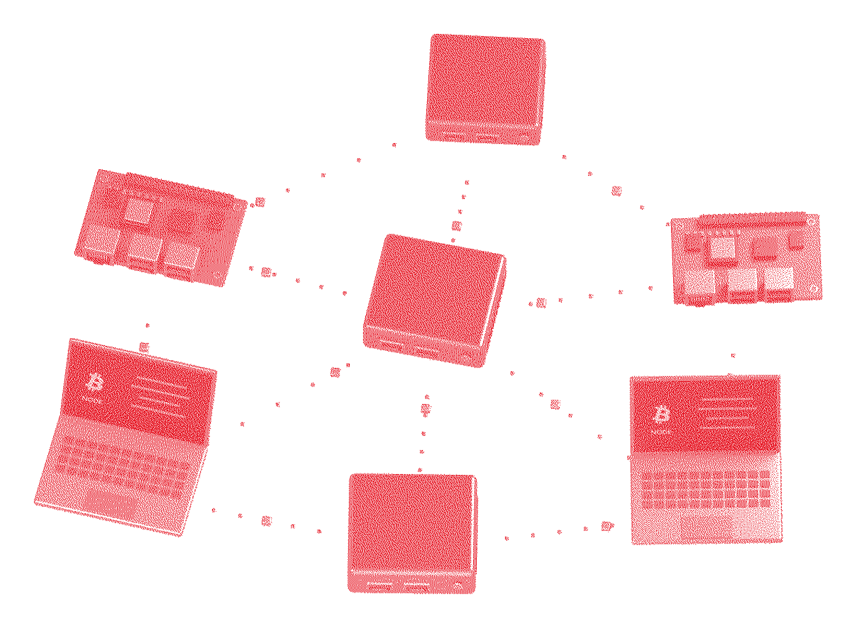 Laptops and small computers, each linked to several others by dotted lines
