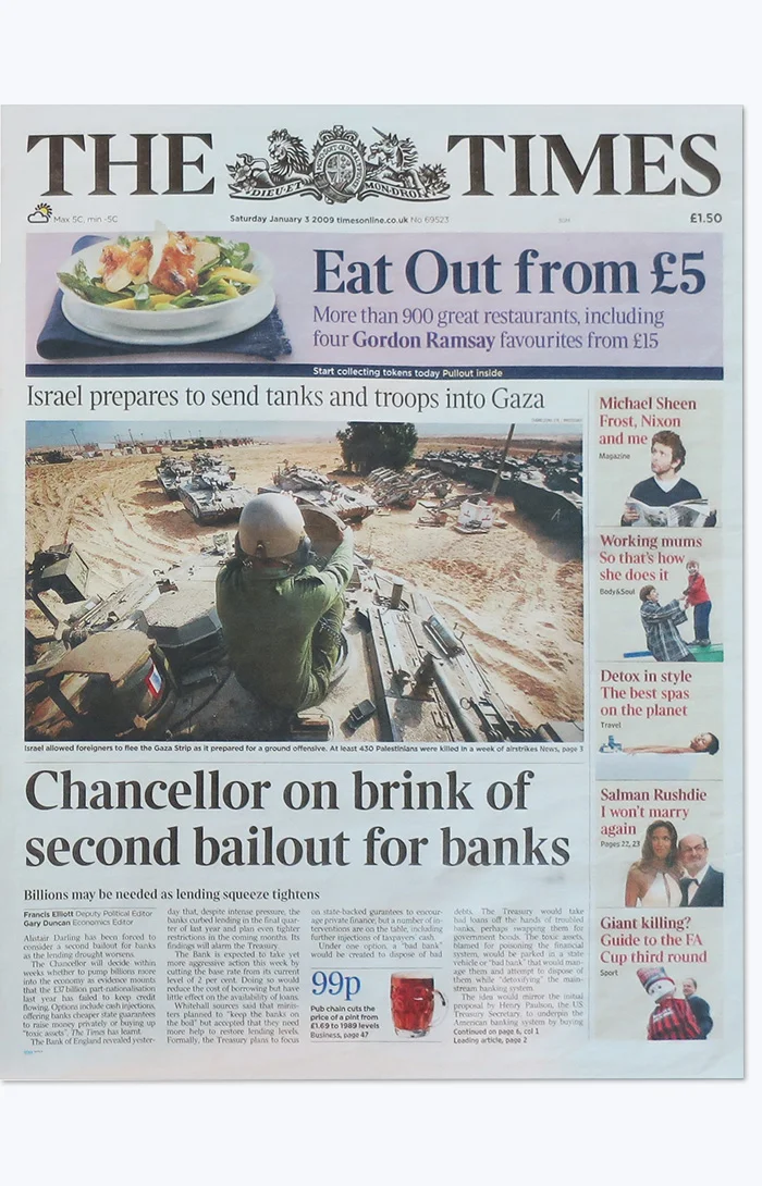 Crop of The Times front page from 3 January 2009 with the headline quoted in the genesis block. Open the genesis block on mempool.space.
